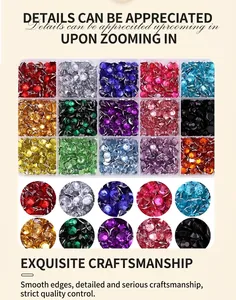 Macro detail of a 15-grid box containing colorful resin rhinestones for nail art DIY