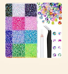 15-grid mixed color flatback resin rhinestones set with wax pencil and tweezers for DIY