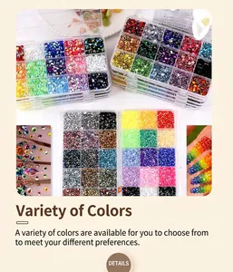 Detailed view of 15-grid sets featuring vibrant jelly AB resin flatback rhinestones for nail art.