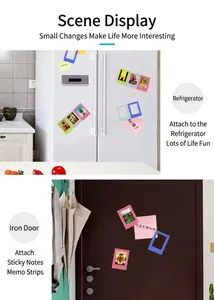 Magnetic 3-inch Polaroid photo frames shown on refrigerator and metal door surfaces.