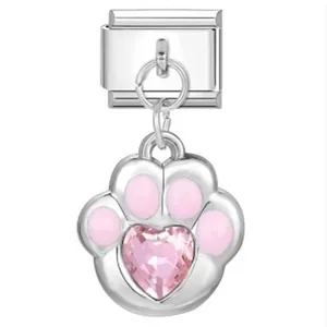 Italienischer Edelstahl-Charm mit rosa Emaille-Pfote und Herz-Kristall-Anhänger