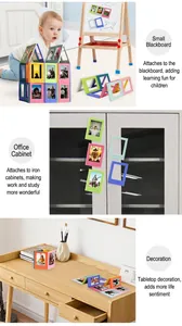 Detailed view of 3-inch magnetic mini photo frames showing usage on cabinets and desk surfaces
