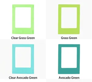 Various shades of green magnetic 3-inch Polaroid frames in solid and clear finishes