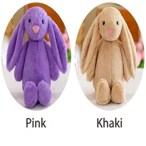 Detailed view of cute long-eared bunny plush toys in purple and khaki soft fur finishes