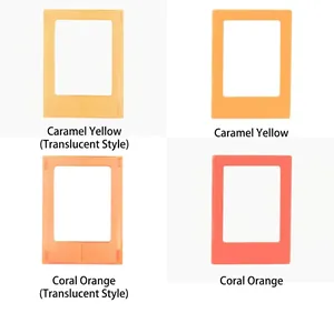 Colorful 3-inch magnetic photo frames in caramel yellow and coral orange