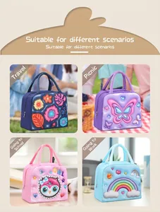 Multiple colorful insulated lunch bags with owl and rainbow patterns for daily scenarios
