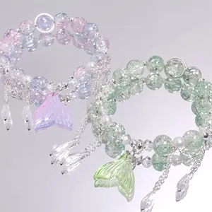 Dreamy Mori style crystal beaded bracelets with gradient mermaid tail pendants
