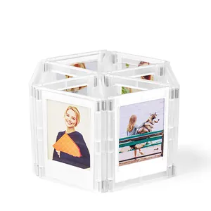 Close-up detail of hexagonal clear magnetic photo frame for 3-inch Instax mini pictures