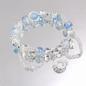Elegant moon and star crystal beaded bracelet with layered silver chains for women