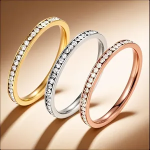 Elegant three-color 2mm stainless steel stackable eternity rings with CZ stone inlay