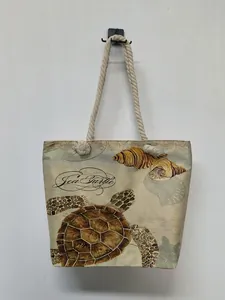 Vintage ocean sea turtle print large canvas tote bag with thick white rope handles