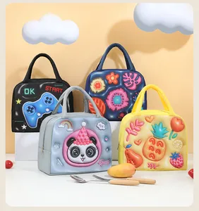 Group of colorful 3D patterned insulated lunch bags for students and office workers