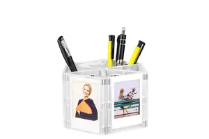 Transparent 3-inch magnetic DIY photo frame and pen holder on white background