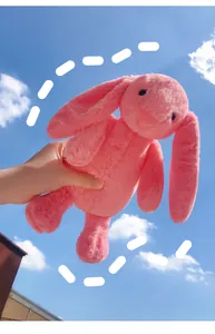 Close-up of a soft pink long-eared bunny plush toy held against a bright blue sky.