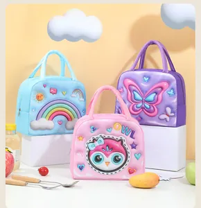 Set of three colorful 3D cartoon insulated lunch bags for students with fresh fruit props.