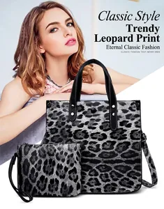 Two-piece leopard print handbag set featuring a grey tote and matching small pouch