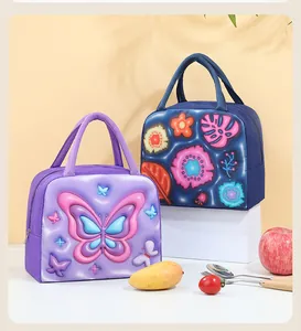 Detail view of insulated lunch bags with 3D embossed butterfly and floral patterns