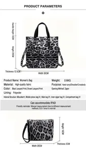 Detailed product parameters and size chart for the leopard print tote and clutch bag set