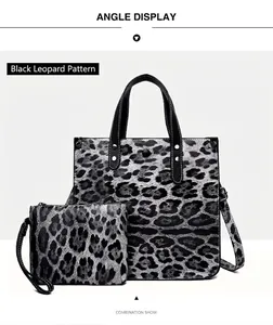 Two-piece fashion leopard print bag set including a large tote and a matching wristlet pouch