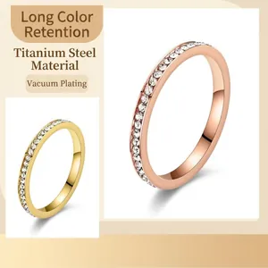 Elegant 2mm titanium steel eternity ring with sparkling crystals in gold and rose gold finish