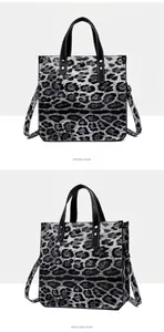Detailed views of a trendy leopard print tote bag with black handles and shoulder strap.