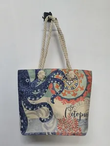 Macro view of the colorful octopus nautical print on a durable canvas beach tote bag