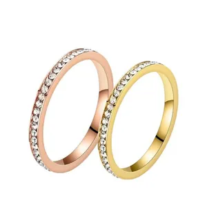 Elegant 2mm stainless steel rings with sparkling crystals in gold and rose gold finish
