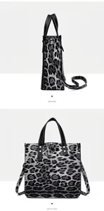 Side and back details of a chic leopard print tote bag with adjustable shoulder strap.