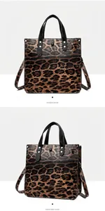Stylish leopard print women's tote bag shown from various angles for detailed view.