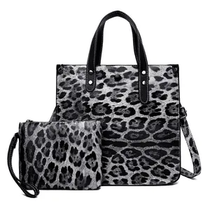 Leopard print tote bag and pouch set with shoulder strap in black and grey