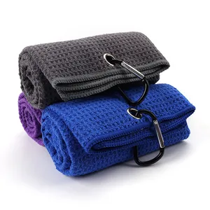 Premium microfiber waffle weave golf towels with carabiner clips in grey and blue