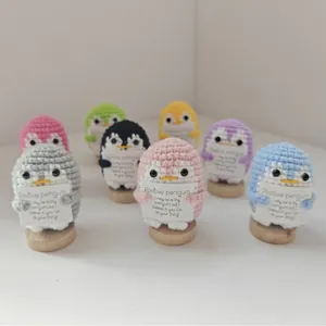 Handmade Crochet Positive Penguin Desk Ornament With Inspirational Message Card Colorful Wool Yarn Animal Figurine Gift