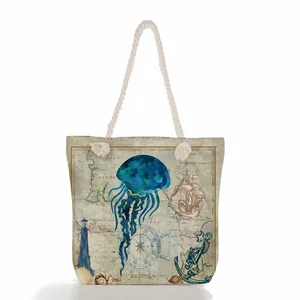 Vintage ocean theme jellyfish print beach tote bag featuring durable thick rope handles
