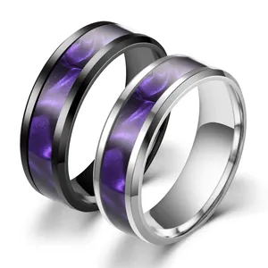 Pair of 8mm stainless steel rings with purple starry sky inlay for men