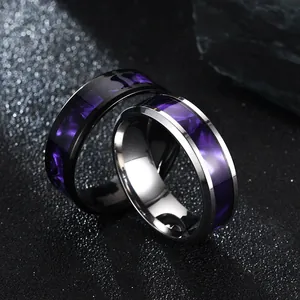 8mm stainless steel rings with purple starry sky inlay in black and silver finishes