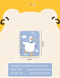Detailed specifications table for A7 spiral mini notebook with cute cartoon duck illustration