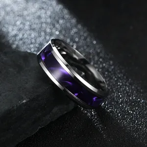 Elegant 8mm stainless steel ring for men featuring a vibrant purple starry sky pattern inlay
