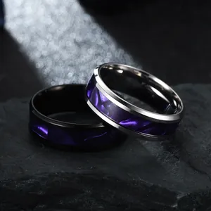 Elegant 8mm stainless steel band ring with purple starry galaxy pattern inlay for men