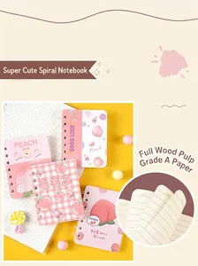 Detail of A7 mini coil notebook with horizontal lined pages and cute peach design.