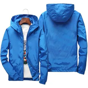 Bright blue hooded windbreaker jacket for men featuring a casual zip-up design