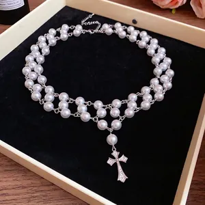 Vintage double layer pearl necklace with sparkling zircon cross pendant in luxury box