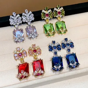 Luxury Palace Style Zirconia Square Stud Earrings With 925 Sterling Silver Earring Post Vintage Inlaid Jewelry For Women