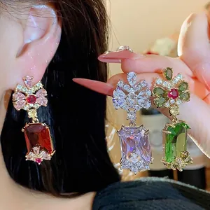 Elegant court style square zirconia earrings featuring sparkling colorful drop crystals