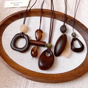 New Chinese Style Retro Wax Rope Necklace For Women Irregular Oval Wood Zinc Alloy Pendant Adjustable Long Chain Jewelry