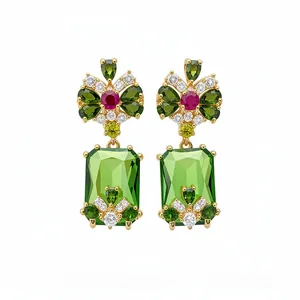 Elegant gold-tone palace style earrings featuring large green square zircon gemstones.