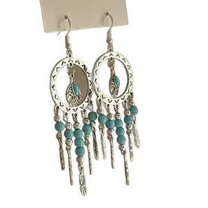Vintage ethnic bohemian silver hoop earrings with turquoise beads and feather charms