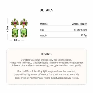 Detailed size and material info for green zircon drop earrings with elegant court style design.