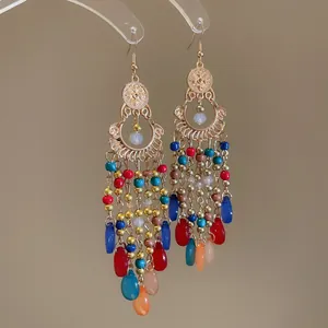 Bohemian gold-tone tassel chandelier earrings with vibrant multi-colored beads and droplets