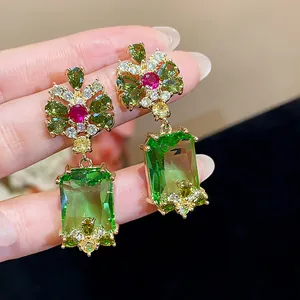Vintage court style drop earrings with green square zircon and colorful crystals. Elegant.