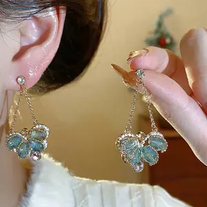 Butterfly Water Drop Earrings Exquisite Glass Rhinestone Jewelry For Women With 925 Sterling Silver Earring Post Light Luxury